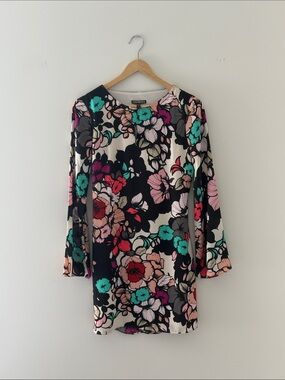 Express Black Floral Shift Dress with Teal, Pink & Coral Accents